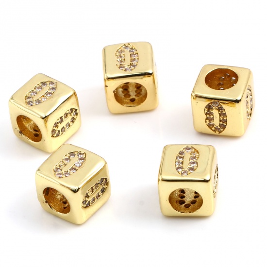 Picture of Brass Micro Pave Beads Square Gold Plated Lip Clear Rhinestone About 8mm x 8mm, Hole: Approx 4.5mm, 1 Piece                                                                                                                                                   