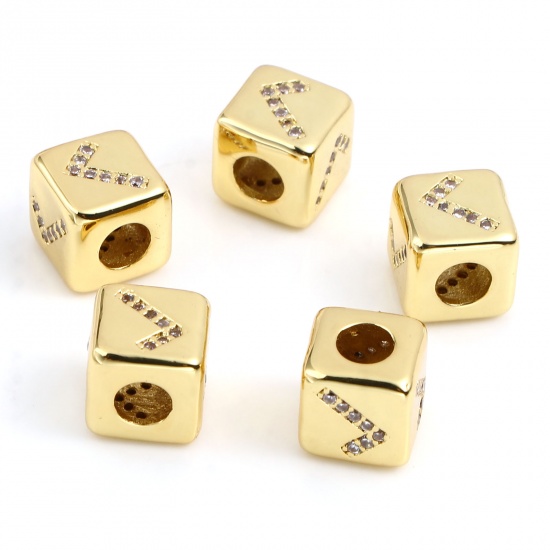 Picture of Brass Micro Pave Beads Square Gold Plated Clear Rhinestone About 8mm x 8mm, Hole: Approx 4.5mm, 1 Piece                                                                                                                                                       