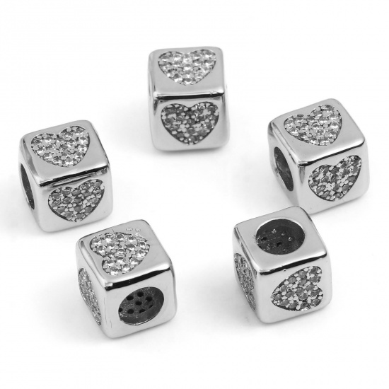 Picture of Brass Micro Pave Beads Square Silver Tone Heart Clear Rhinestone About 8mm x 8mm, Hole: Approx 4.5mm, 1 Piece                                                                                                                                                 