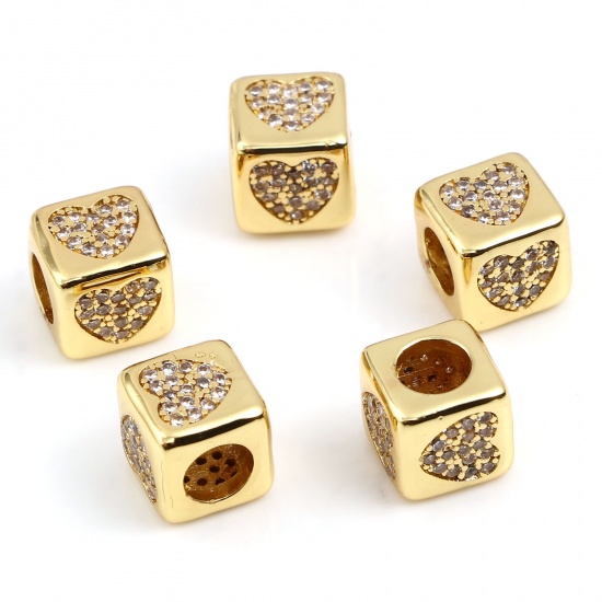 Picture of Brass Micro Pave Beads Square Gold Plated Heart Clear Rhinestone About 8mm x 8mm, Hole: Approx 4.5mm, 1 Piece                                                                                                                                                 