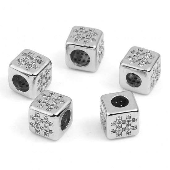 Picture of Brass Micro Pave Beads Square Silver Tone Message " # " Clear Rhinestone About 8mm x 8mm, Hole: Approx 4.5mm, 1 Piece                                                                                                                                         