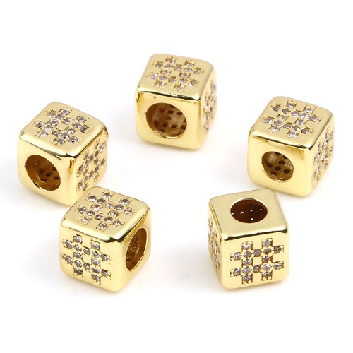 Picture of Brass Micro Pave Beads Square Gold Plated Message " # " Clear Rhinestone About 8mm x 8mm, Hole: Approx 4.5mm, 1 Piece                                                                                                                                         