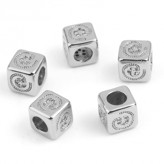 Picture of Brass Micro Pave Beads Square Silver Tone Message " @ " Clear Rhinestone About 8mm x 8mm, Hole: Approx 4.5mm, 1 Piece                                                                                                                                         