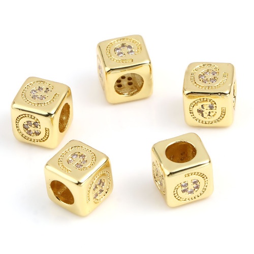 Picture of Brass Micro Pave Beads Square Gold Plated Message " @ " Clear Rhinestone About 8mm x 8mm, Hole: Approx 4.5mm, 1 Piece                                                                                                                                         