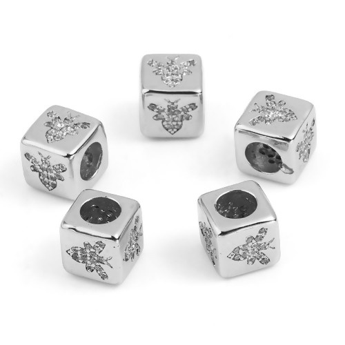 Picture of Brass Micro Pave Beads Square Silver Tone Bee Clear Rhinestone About 8mm x 8mm, Hole: Approx 4.5mm, 1 Piece                                                                                                                                                   