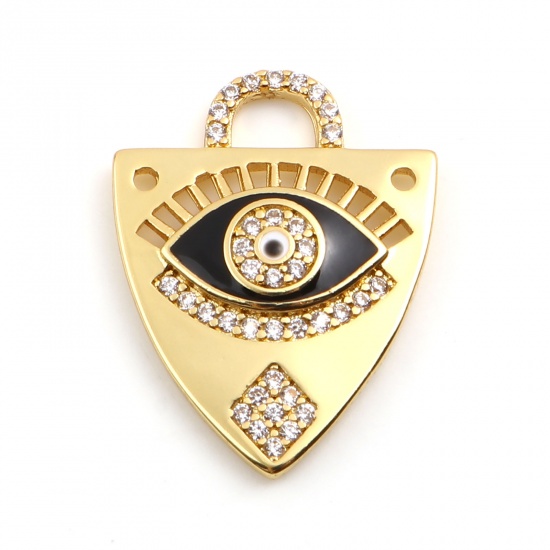 Picture of Brass Religious Charms Gold Plated Black Triangle Evil Eye Micro Pave Clear Rhinestone 23mm x 18mm, 1 Piece                                                                                                                                                   
