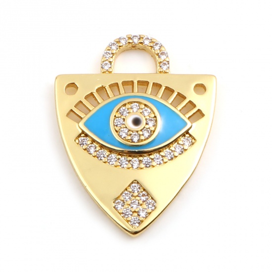 Picture of Brass Religious Charms Gold Plated Blue Triangle Evil Eye Micro Pave Clear Rhinestone 23mm x 18mm, 1 Piece                                                                                                                                                    