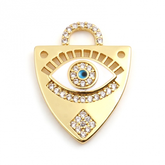 Picture of Brass Religious Charms Gold Plated White Triangle Evil Eye Micro Pave Clear Rhinestone 23mm x 18mm, 1 Piece                                                                                                                                                   