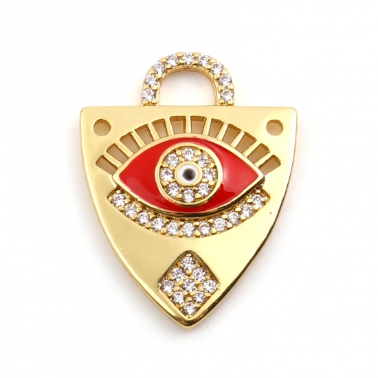 Picture of Brass Religious Charms Gold Plated Red Triangle Evil Eye Micro Pave Clear Rhinestone 23mm x 18mm, 1 Piece                                                                                                                                                     