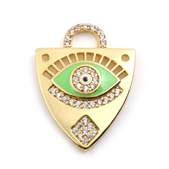 Picture of Brass Religious Charms Gold Plated Green Triangle Evil Eye Micro Pave Clear Rhinestone 23mm x 18mm, 1 Piece                                                                                                                                                   
