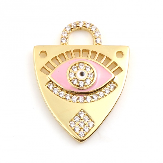 Picture of Brass Religious Charms Gold Plated Pink Triangle Evil Eye Micro Pave Clear Rhinestone 23mm x 18mm, 1 Piece                                                                                                                                                    