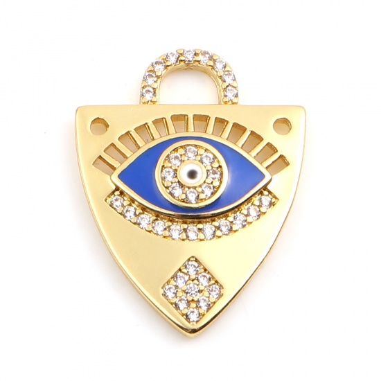 Picture of Brass Religious Charms Gold Plated Dark Blue Triangle Evil Eye Micro Pave Clear Rhinestone 23mm x 18mm, 1 Piece                                                                                                                                               
