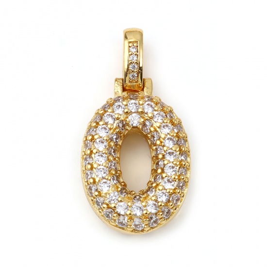 Picture of Brass Micro Pave Charms Gold Plated Number Message " 0 " Clear Rhinestone 29mm x 15mm, 1 Piece                                                                                                                                                                