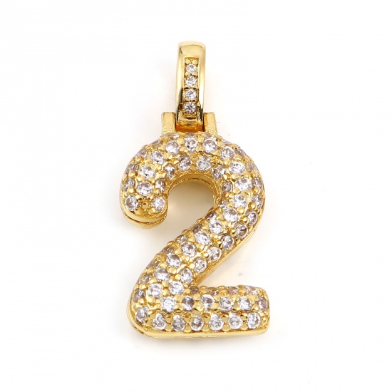 Picture of Copper Micro Pave Pendants Gold Plated Number Message " 2 " Clear Rhinestone 30mm x 13mm, 1 Piece