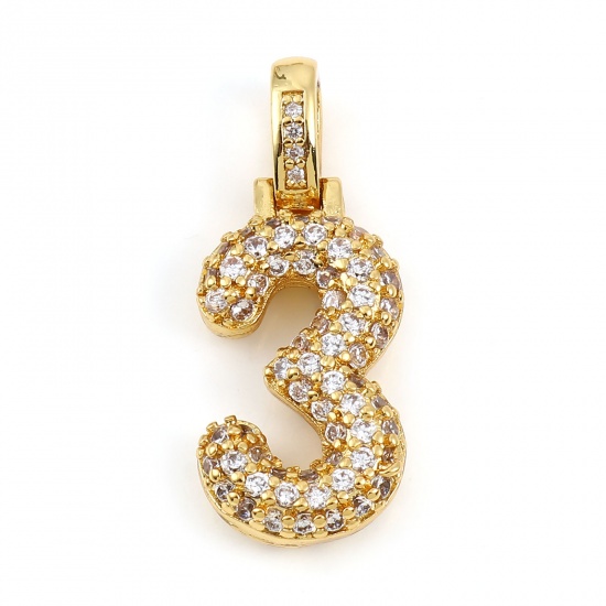 Picture of Copper Micro Pave Charms Gold Plated Number Message " 3 " Clear Rhinestone 29mm x 12mm, 1 Piece