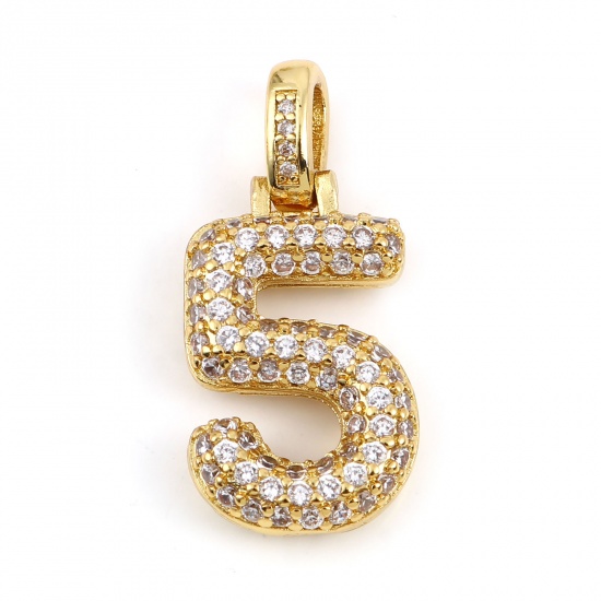 Picture of Copper Micro Pave Charms Gold Plated Number Message " 5 " Clear Rhinestone 29mm x 13mm, 1 Piece