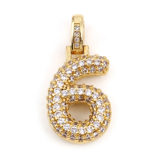 Picture of Copper Micro Pave Charms Gold Plated Number Message " 6 " Clear Rhinestone 29mm x 14mm, 1 Piece