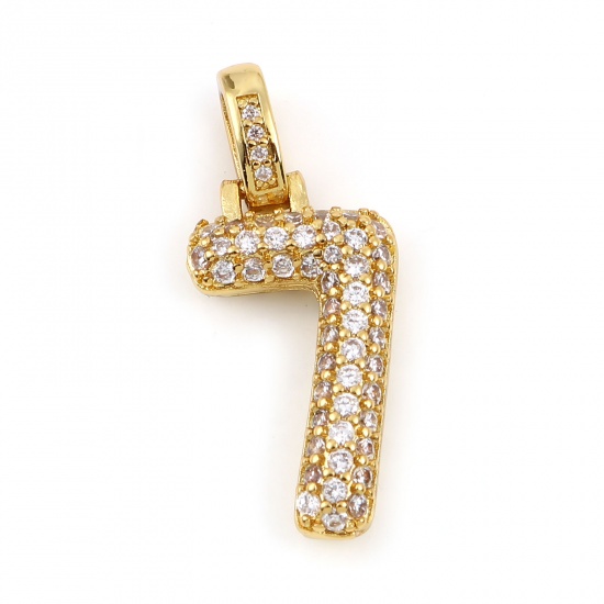 Picture of Copper Micro Pave Charms Gold Plated Number Message " 7 " Clear Rhinestone 29mm x 13mm, 1 Piece