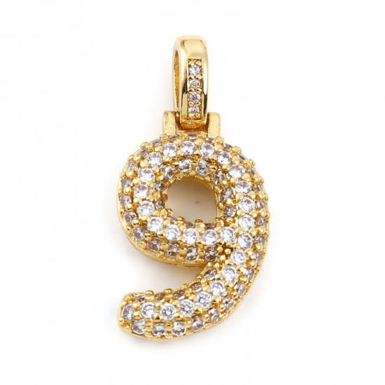 Picture of Copper Micro Pave Charms Gold Plated Number Message " 9 " Clear Rhinestone 29mm x 14mm, 1 Piece