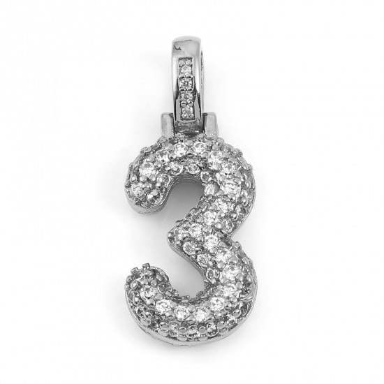 Picture of Brass Micro Pave Charms Silver Tone Number Message " 3 " Clear Rhinestone 29mm x 12mm, 1 Piece                                                                                                                                                                