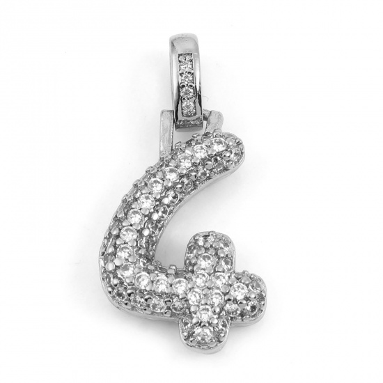 Picture of Brass Micro Pave Charms Silver Tone Number Message " 4 " Clear Rhinestone 30mm x 16mm, 1 Piece                                                                                                                                                                