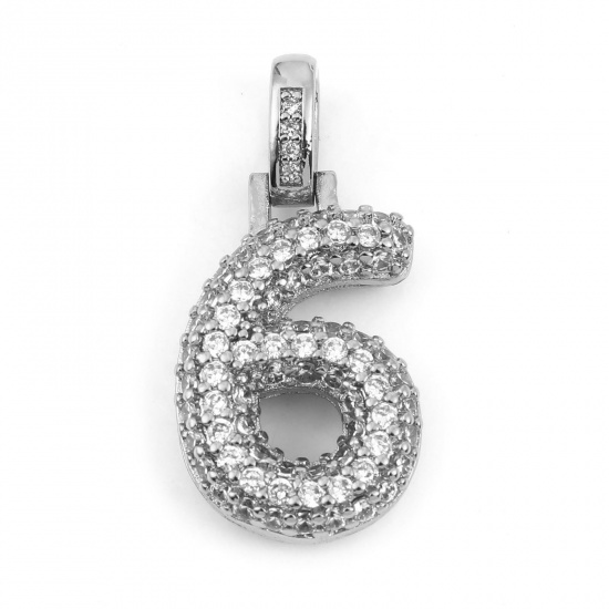 Picture of Brass Micro Pave Charms Silver Tone Number Message " 6 " Clear Rhinestone 29mm x 14mm, 1 Piece                                                                                                                                                                