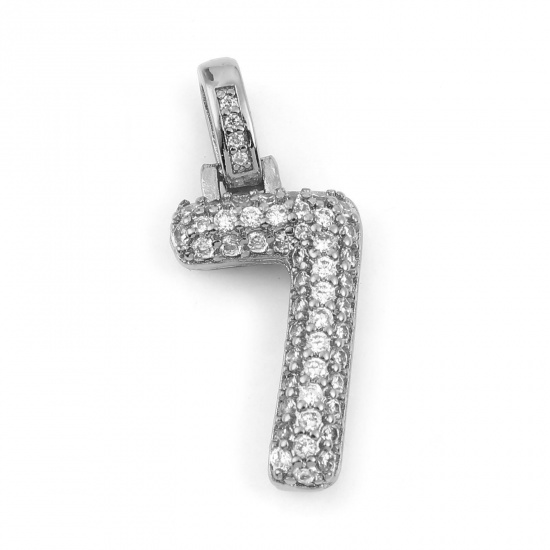Picture of Brass Micro Pave Charms Silver Tone Number Message " 7 " Clear Rhinestone 29mm x 13mm, 1 Piece                                                                                                                                                                