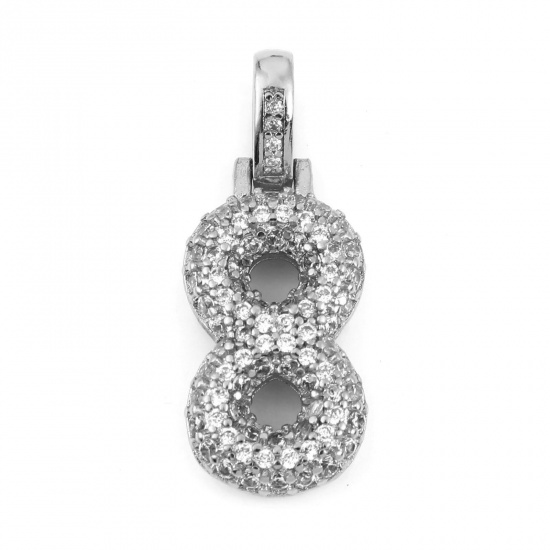 Picture of Brass Micro Pave Charms Silver Tone Number Message " 8 " Clear Rhinestone 29mm x 12mm, 1 Piece                                                                                                                                                                