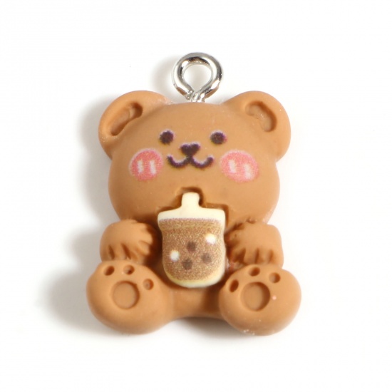 Picture of Resin Charms Bear Animal Silver Tone Coffee 23mm x 16mm, 10 PCs
