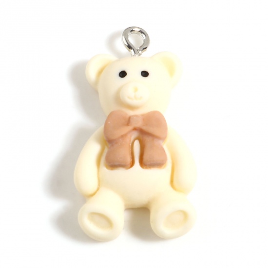 Picture of Resin Charms Bear Animal Bowknot Silver Tone Beige 29mm x 16mm, 10 PCs