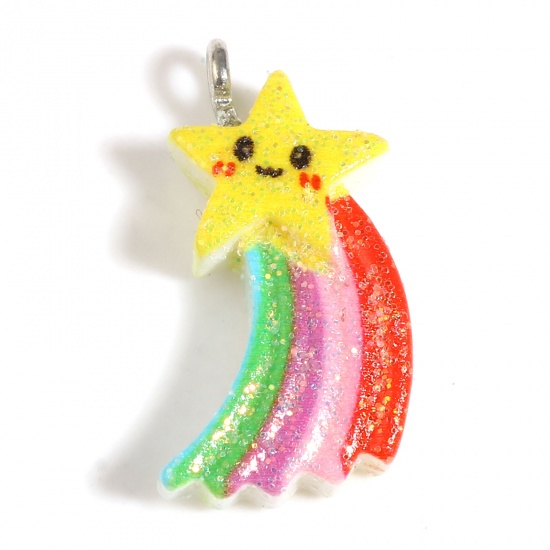 Picture of Resin Weather Collection Charms Rainbow Star Silver Tone Multicolor Glitter 24mm x 12mm - 23mm x 11mm, 10 PCs