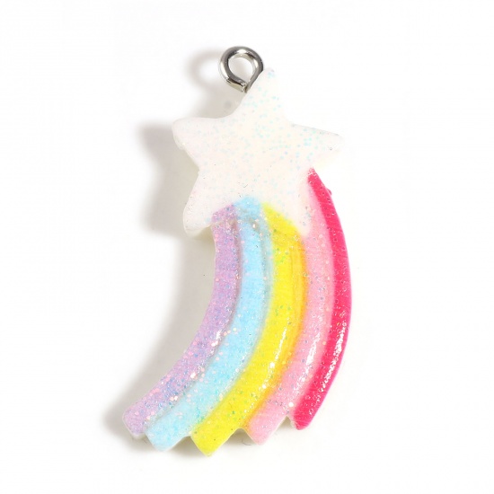 Picture of Resin Weather Collection Pendants Rainbow Star Silver Tone Multicolor Glitter 33mm x 17mm, 10 PCs