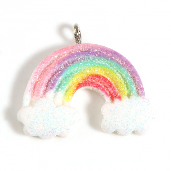 Picture of Resin Weather Collection Charms Rainbow Cloud Silver Tone Multicolor Glitter 27mm x 23mm - 26mm x 22mm, 10 PCs