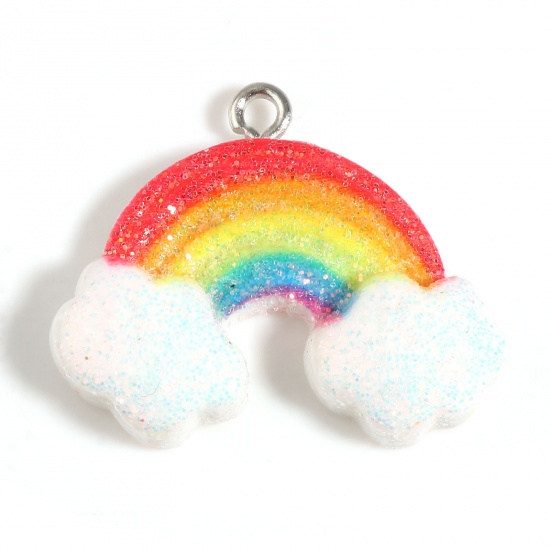 Picture of Resin Weather Collection Charms Rainbow Cloud Silver Tone Multicolor Glitter 27mm x 23mm - 26mm x 22mm, 10 PCs
