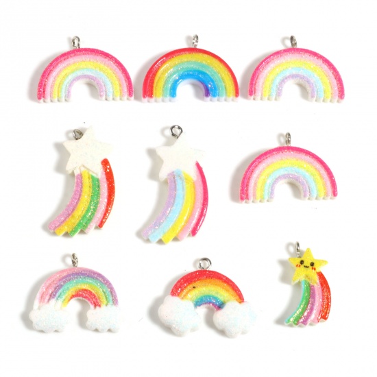 Picture of Resin Weather Collection Pendants Rainbow Silver Tone At Random Color Glitter 33mm x 17mm - 23mm x 11mm, 10 PCs
