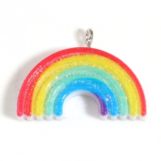 Picture of Resin Weather Collection Charms Rainbow Silver Tone Multicolor Glitter 27mm x 20mm, 10 PCs