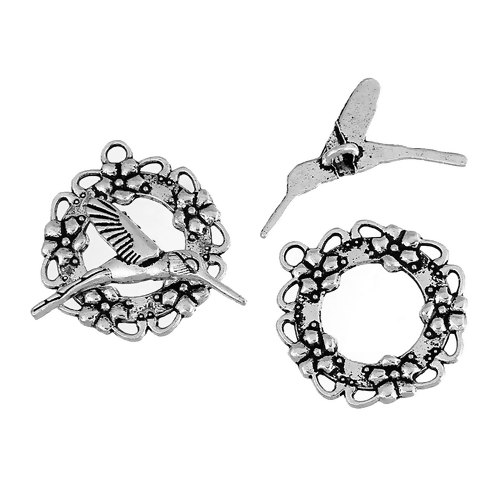Picture of Zinc Based Alloy Toggle Clasps Findings Garland & Hummingbird Antique Silver 29mm x 16mm 28mm x 26mm, 10 Sets
