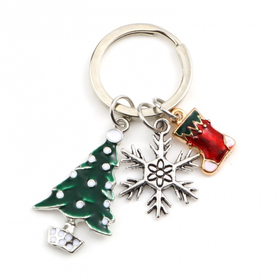 Picture of Keychain & Keyring Antique Silver Color Red & Green Christmas Tree Snowflake 6.1cm, 2 Sets