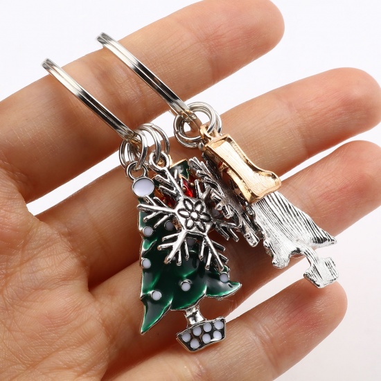 Picture of Keychain & Keyring Antique Silver Color Red & Green Christmas Tree Snowflake 6.1cm, 2 Sets
