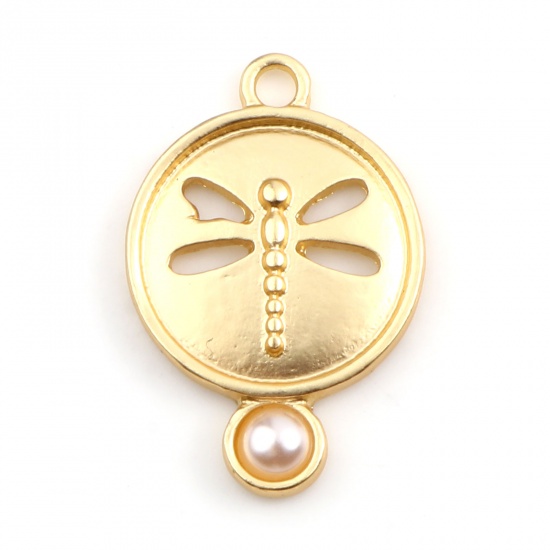 Picture of Zinc Based Alloy & Acrylic Insect Charms Round Matt Gold White Dragonfly Imitation Pearl 25mm x 17mm, 5 PCs