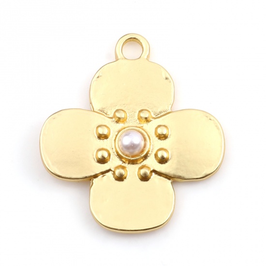 Picture of Zinc Based Alloy & Acrylic Charms Flower Matt Gold White Imitation Pearl 23mm x 21mm, 5 PCs