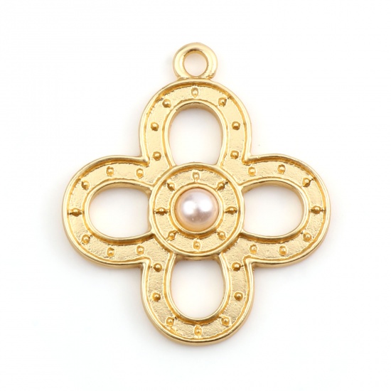 Picture of Zinc Based Alloy & Acrylic Charms Flower Matt Gold White Imitation Pearl 29mm x 26mm, 5 PCs