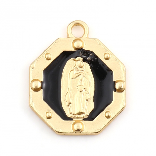 Picture of Zinc Based Alloy Religious Charms Hexagon Matt Gold Black Jesus Enamel 21mm x 17mm, 5 PCs