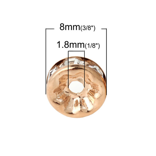 Picture of Brass Rondelle Spacer Beads Round Rose Gold Clear Rhinestone About 8.0mm( 3/8") Dia, Hole:Approx 1.8mm, 50 PCs                                                                                                                                                