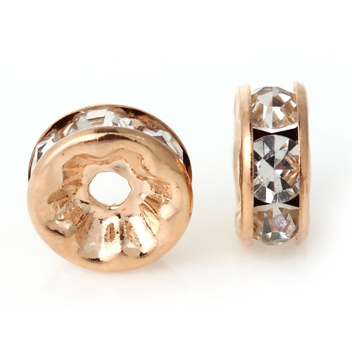 Picture of Brass Rondelle Spacer Beads Round Rose Gold Clear Rhinestone About 8.0mm( 3/8") Dia, Hole:Approx 1.8mm, 50 PCs                                                                                                                                                