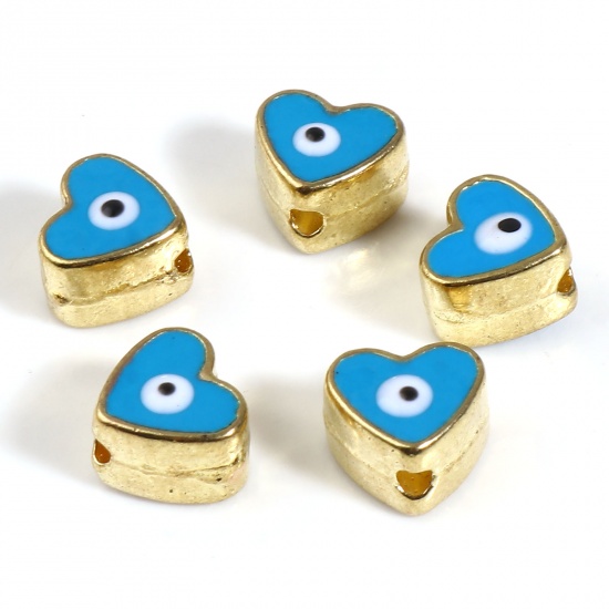 Picture of Zinc Based Alloy Religious Spacer Beads Heart Gold Plated Blue Evil Eye Enamel About 8mm x 7mm, Hole: Approx 1.8mm, 10 PCs