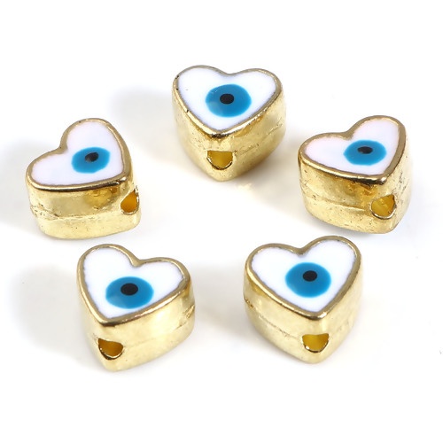 Picture of Zinc Based Alloy Religious Spacer Beads Heart Gold Plated White Evil Eye Enamel About 8mm x 7mm, Hole: Approx 1.8mm, 10 PCs