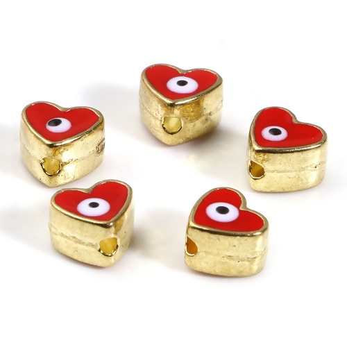 Picture of Zinc Based Alloy Religious Spacer Beads Heart Gold Plated Red Evil Eye Enamel About 8mm x 7mm, Hole: Approx 1.8mm, 10 PCs