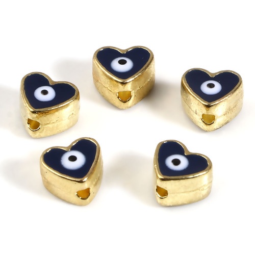Picture of Zinc Based Alloy Religious Spacer Beads Heart Gold Plated Blue Black Evil Eye Enamel About 8mm x 7mm, Hole: Approx 1.8mm, 10 PCs