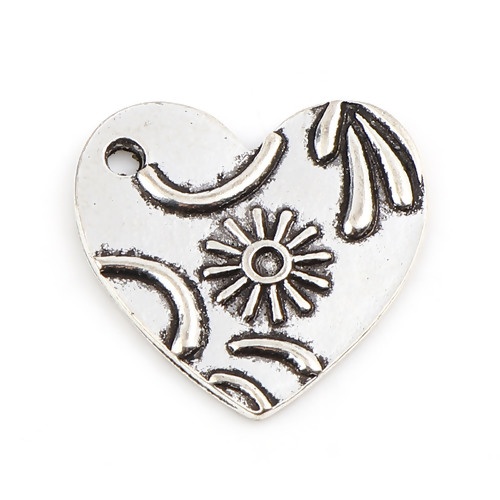 Picture of Zinc Based Alloy Charms Heart Antique Silver Color Flower 20mm x 19mm, 10 PCs
